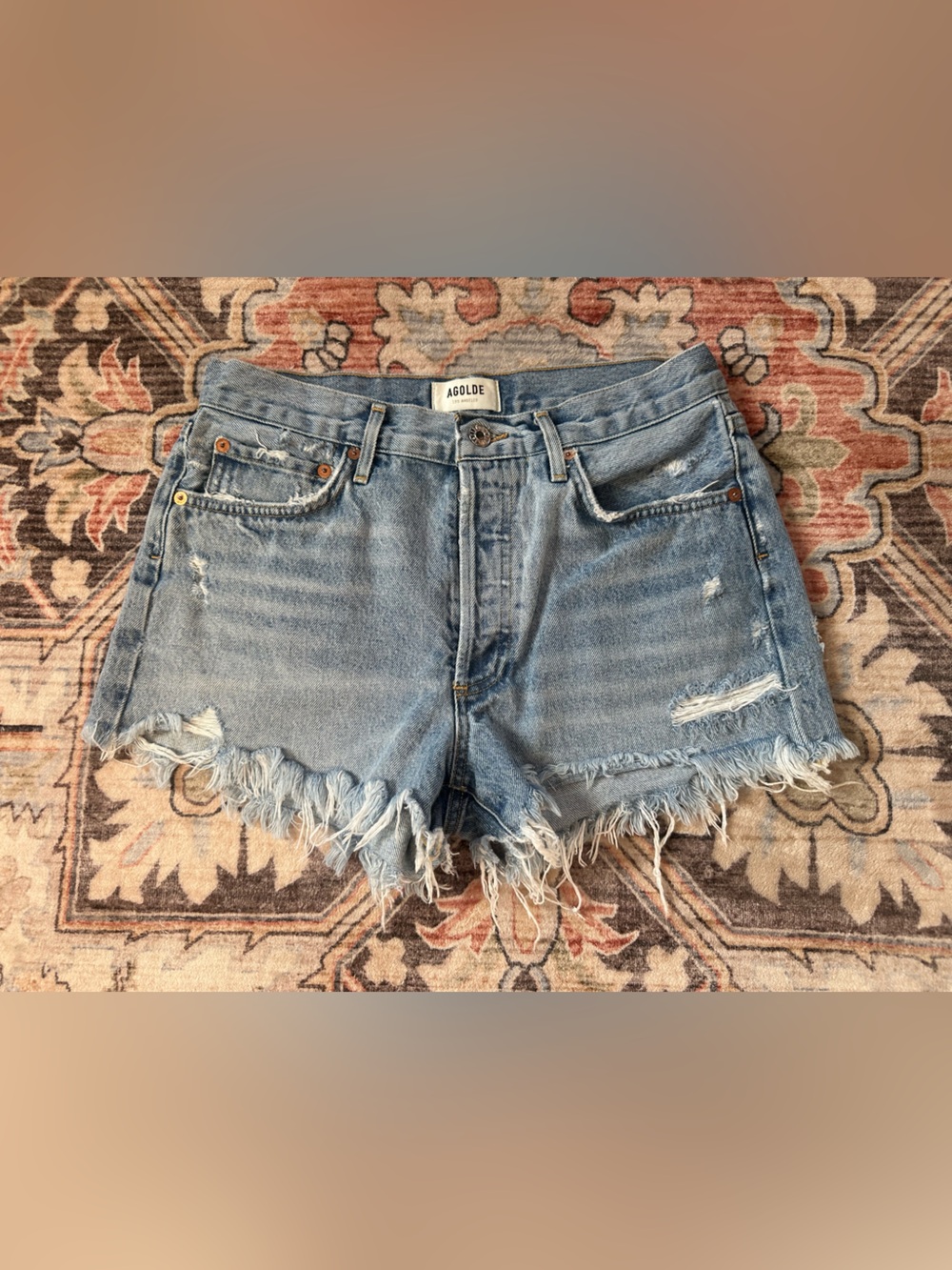 Agolde Parker Button Fly Fray Hem Destroyed Denim Shorts - Size 27